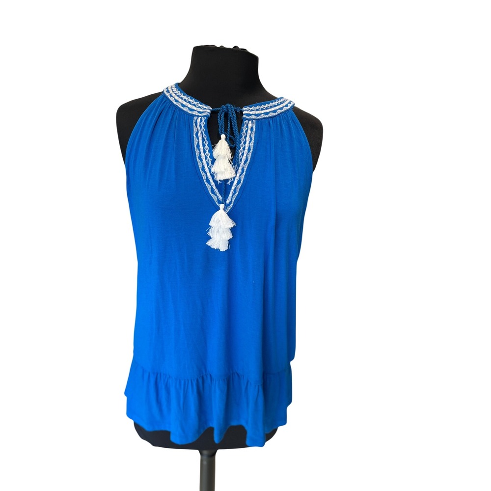 Neiman Marcus Blue Embroidered Tassel Halter Top Ruffle Hem Women L